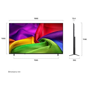LG NANO 4K UHD AI nu70 shown in front and side views highlights an 85-inch display with a 1890 mm-wide screen, 1088 mm screen height, 1148 mm height with stand, a 72.4 mm profile depth, and a stand footprint measuring 1565 by 362 mm.
